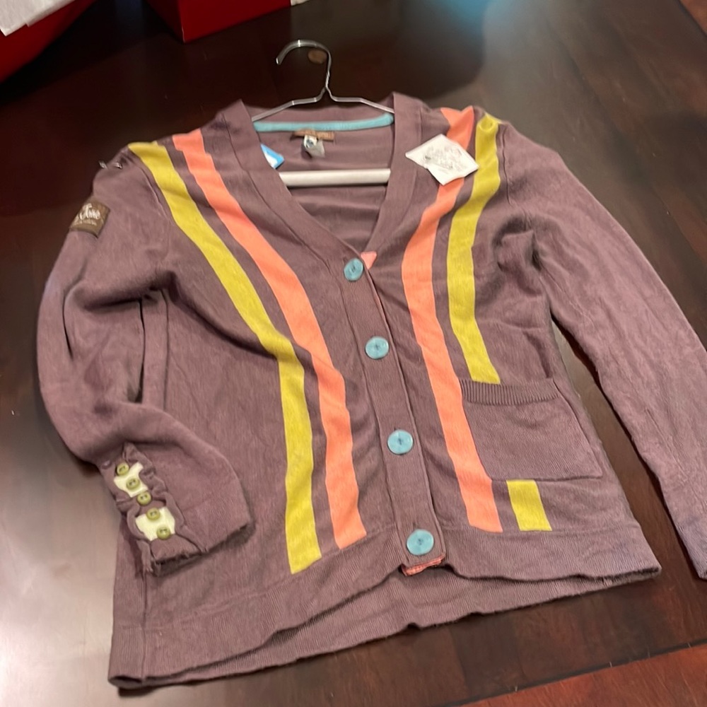 Matilda jane brown cardigan with orange and yellow stripes and accents